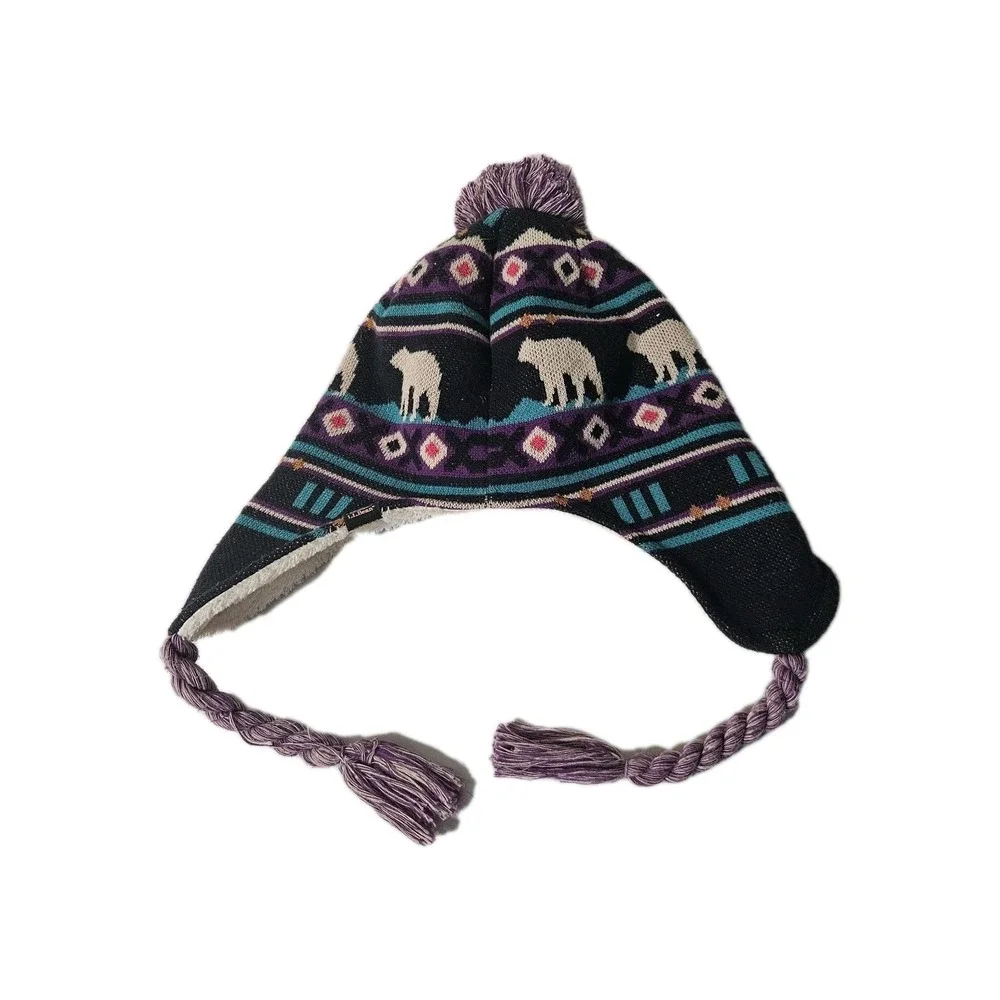 LL‎ Bean Hat Freeport Polar Bear Winter Fleece Beanie Pom Pom Knit Ski S/M